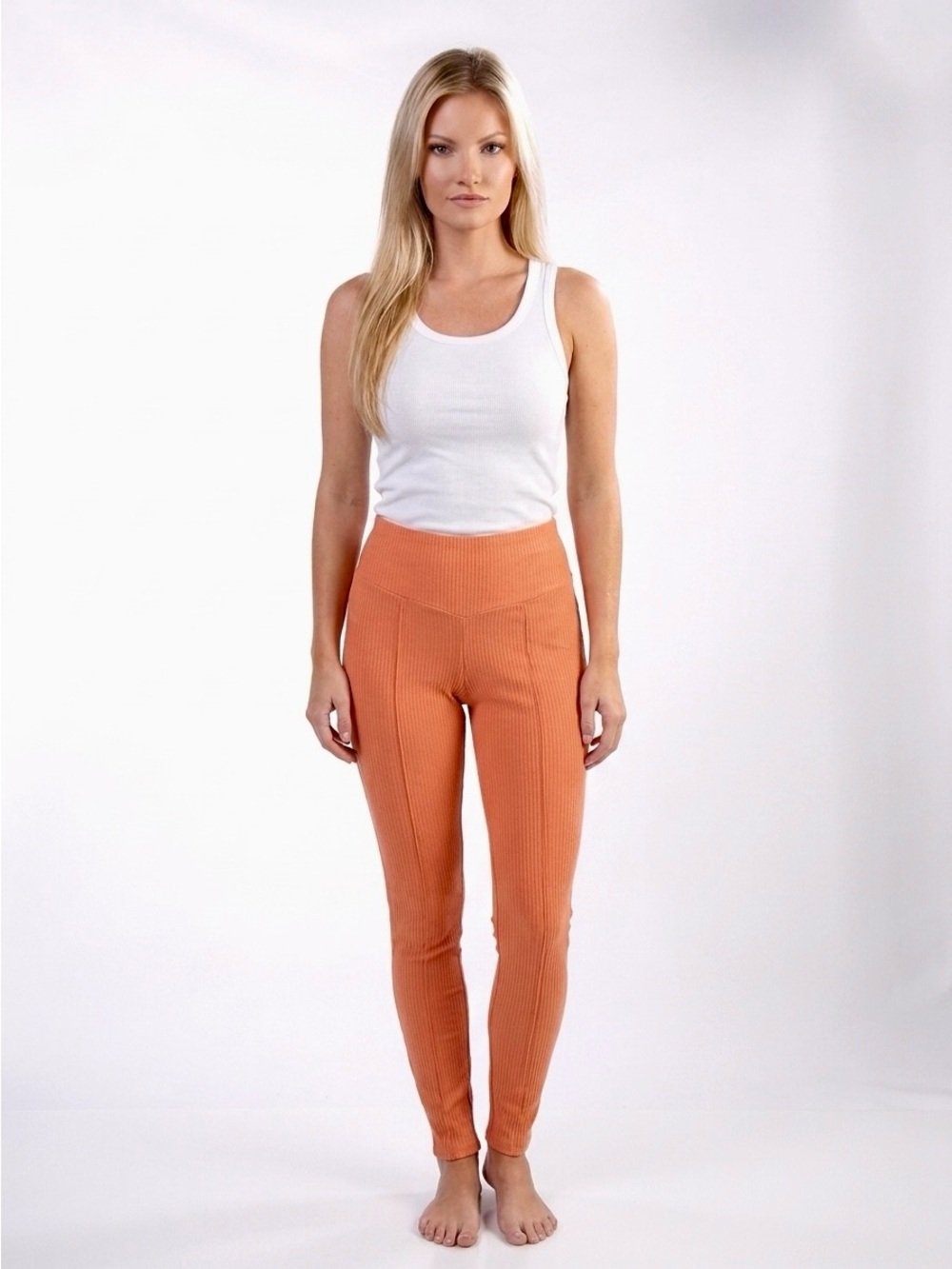 Urban Outfitters Out From Under Ribbed V-Waist Stirrup Leggings Salmon Coral XS